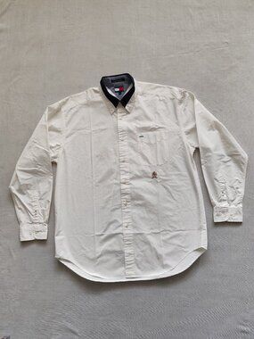 Vintage Tommy Hilfiger Crest Logo Button Down Shirt White Navy Collar Men's S-L.